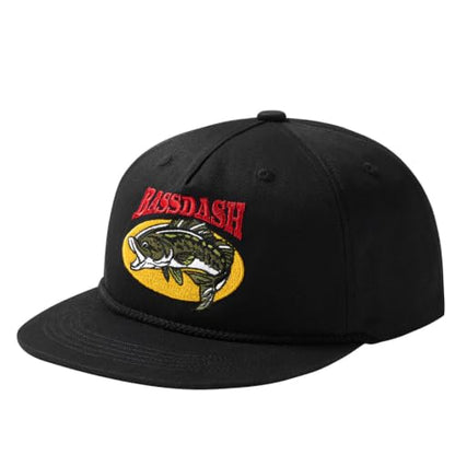 BASSDASH Embroidered Soft Top Flat Brim Duck Hat Snapback Cap for Hunting, Fishing, and Outdoor Activities - color: Black/Largemouth Bass