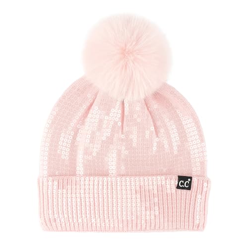 C.C Sequin Pom Beanie for Women - Acrylic Stretchable Soft Warm Knit Winter Skully Hat with Yarn Pom - color: Clear Sequin-pink