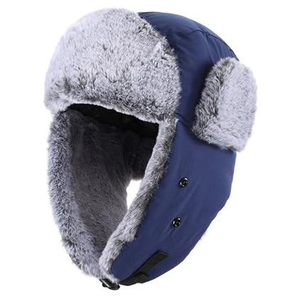 Connectyle Trapper Hat for Men Women Faux Fur Trooper Trapper Winter Hat with Ear Flaps Waterproof Ushanka Hunting Hats - color: Navy Blue