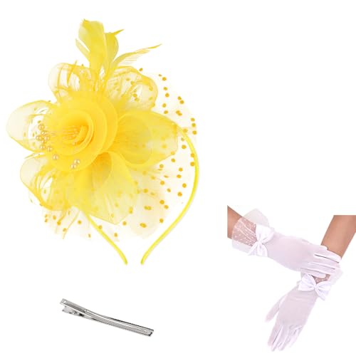Womens Fascinators Hats and Gloves Set Short Lace Gloves Tea Party Flower Mesh Hair Clips - color: Yellow