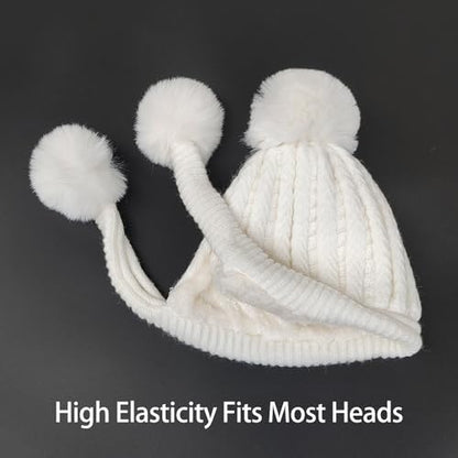 HUAMULAN Women Winter Knit Beanie Hat Circle Scarf Set Pompoms Ear Flaps - color: White Solid
