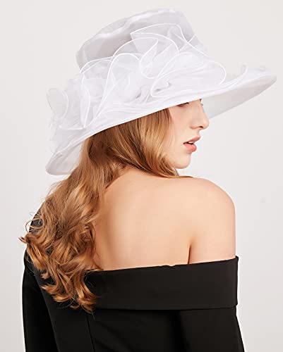 Women's Kentucky Derby Church Dress Hat Wide Brim Leaf Flower Bridal Shower Hat - color: G3 White