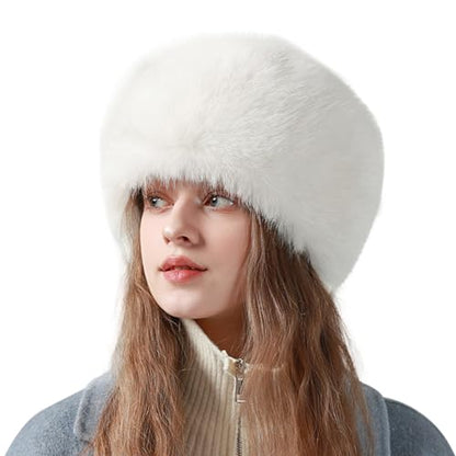 Peicees Winter Faux Fur Hat for Women Russian Style Ladies Ushanka Warm Fluffy Bucket Hat Fuzzy Furry Cap - color: White