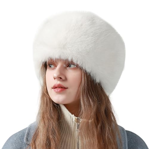Peicees Winter Faux Fur Hat for Women Russian Style Ladies Ushanka Warm Fluffy Bucket Hat Fuzzy Furry Cap - color: White