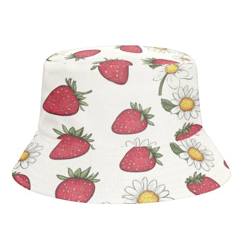 Reversible Bucket Hat for Women Men, Cotton Packable Summer Sun Hat, Double-Side-Wear Fisherman Cap for Beach Travel Hiking - color: Mz-strawberry1 Hat
