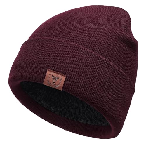 OZERO Mens Winter Hat, Fleece Lined Cuffed Beanie for Men and Women - color: Wine Red
