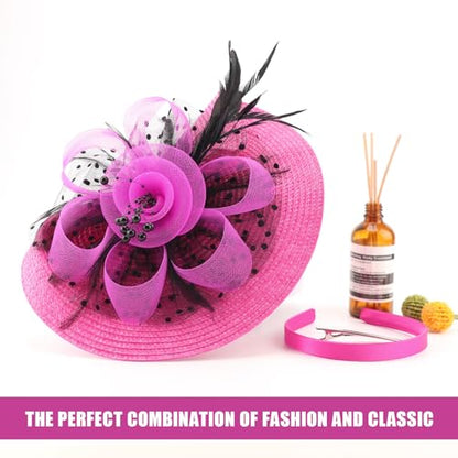 DRESHOW Fascinators Hat Flower Mesh Feathers Hat with a Headband and a Clip 7.9" Tea Party Headwear for Women - color: Folded Style 2: Deep Pink & Black / 7.9"