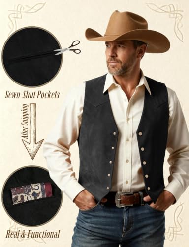 JEMITOP Men's Retro Western Cowboy Faux Suede Leather Vest - color: Black, size: Large