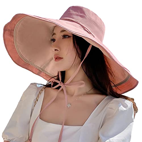 HUAMULAN Women Summer Vacation Wide Brim Sun Hat Reversible Fishing Hats - color: Pinkbeige