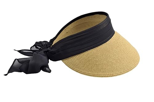 Straw Sun Visor with Scarf Bow and Adjustble Back - color: Beige