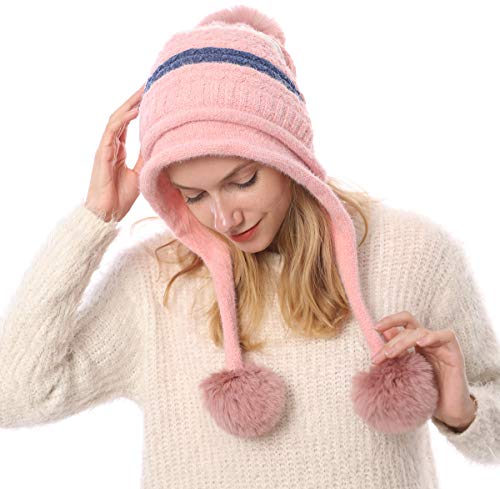HUAMULAN Women Winter Sherpa Beanie Hats Knit Fleece Lined Ear Flaps - color: Pink