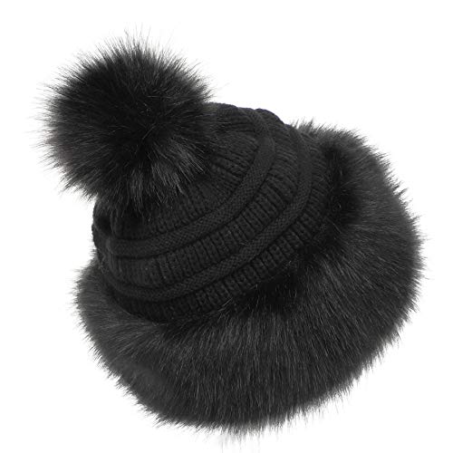 Soul Young Women's Faux Fur Hat Russian Cossack Knit Pompom Hat Ski Snow Cap for Winter Outdoor - color: Black