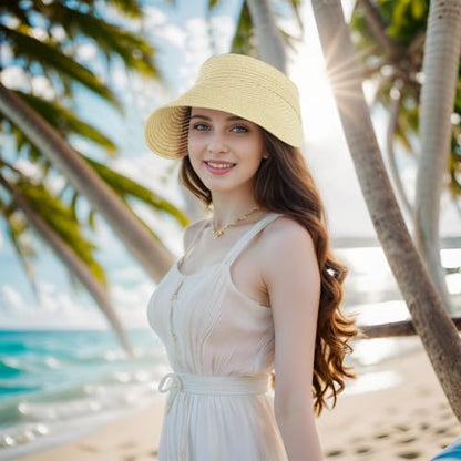 Straw Sun Visors Womens, Ponytail Beach Straw Visor, Packable Summer Sun Hats for Women Travel - color: Beige