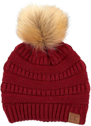 Funky Junque Cozy Ribbed Beanie with Luxurious Faux Fur Pom Pom - Warm Cable Knit Winter Skull Cap - color: Burgundy W/Natural Pom