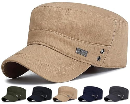 Initlove Cadet Army Cap Military Unisex Flat Top Hat for Men Women - color: Beige