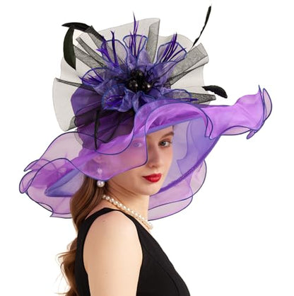 Women Derby Church Hat Organza Flower Wedding Tea Party Fascinator Wide Brim Sun Hat - color: 10-violet