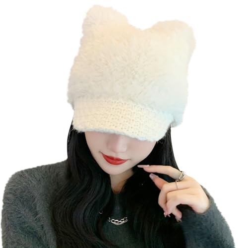 Cat Ears Fleece Lined Brimmed Beanie Hats Winter Golf Cap Brim Bill Visor Women - color: White