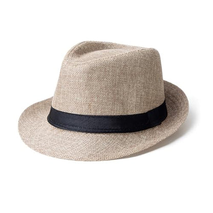 Classic Short Brim Fedora Summer Beach Trilby Hat - color: Black Band-beige