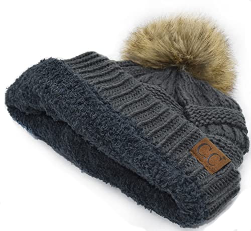 C.C Trendy Fuzzy Fleece Lined Warm Comfortable Soft Stretch Cable Knit Ribbed Faux Fur Pom Pom Beanie Hat - color: Teal Grey