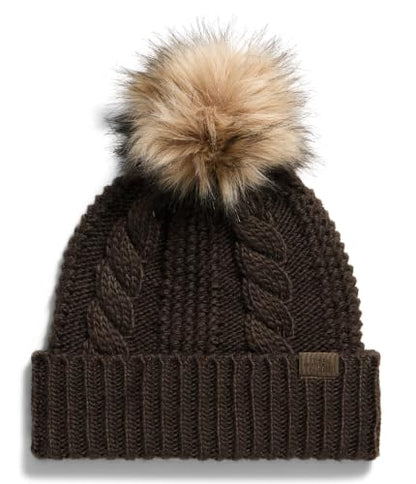THE NORTH FACE Women's Oh Mega Fur Pom Beanie | Deep Fit Cuffed Winter Hat With Oversized Faux-fur Pom & Cable Detailing - color: Dark Chestnut