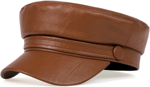 Women PU Leather Newsboy Cap Vintage Military Flat Top Beret Style Hat - color: Brown