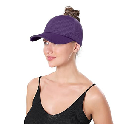ZTL Womens High Ponytail Baseball Cap Performance Mesh Hat, Lightweight Quick Dry Race Day Running Hat with Reflective Trim - color: Purple