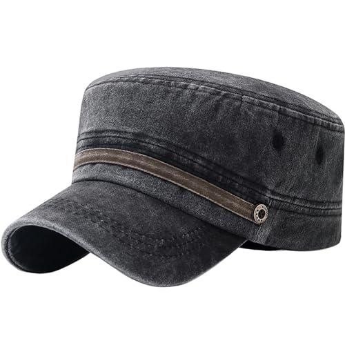 Unisex Cadet Army Cap Adjustable Flat Top Cap Washed Cotton Military Hat Baseball Cap - color: Black 2
