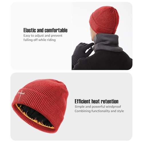 Winter Beanie for Men Women Fleece Lined Beanies Hats Soft Warm Thick Knit Hat - color: Light Red