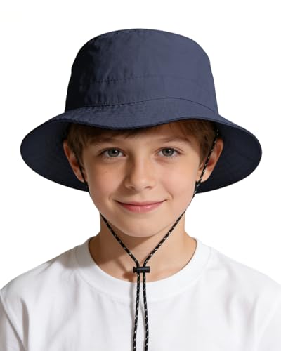 Kids UPF 50+ Waterproof Sun Hat, Packable Wide Brim Bucket Hat - color: Navy