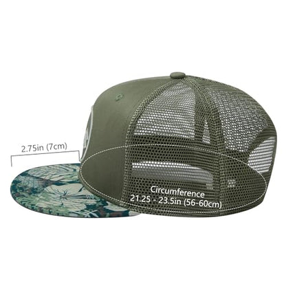 BASSDASH Flat Brim Trucker Cap Adjustable Snapback Hat Mesh Back for Men Women - color: Moss Green/Tropical Plant