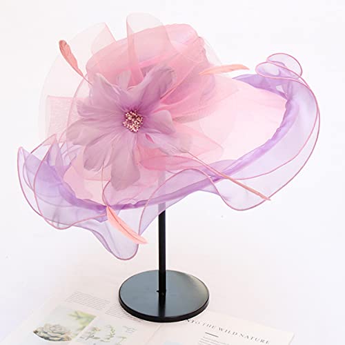 Women Derby Church Organza Flower Wedding Tea Party Fascinator Wide Brim Sun Hat - color: H2-purple,pink Flower