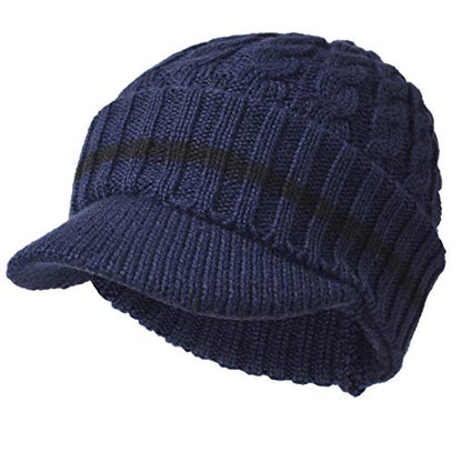 Ruphedy Mens Beanie with Brim Winter Hat Knitted Thick Fleece Visor Beanie - color: B321-navy