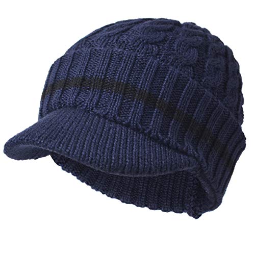 Ruphedy Mens Beanie with Brim Winter Hat Knitted Thick Fleece Visor Beanie - color: B321-navy