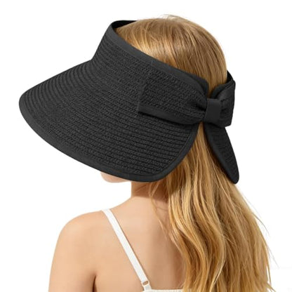 ZOORON Girls Straw Sun Visor Hat, Wide Brim Ponytail Beach Hat with Bow - color: Black