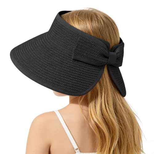 ZOORON Girls Straw Sun Visor Hat, Wide Brim Ponytail Beach Hat with Bow - color: Black
