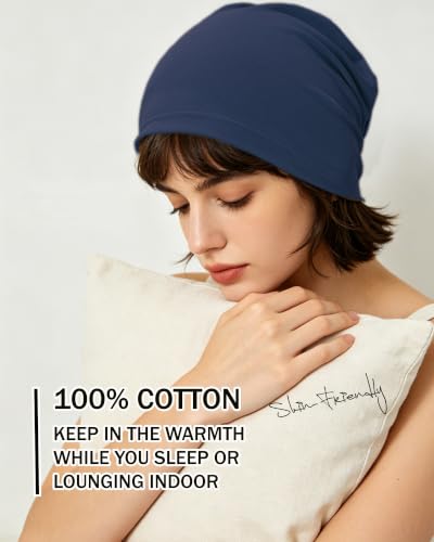 ROYBENS 100% Cotton Thin Slouchy Beanie Hat Women Men Lightweight Chemo Cap - color: 1pcs-navy Blue