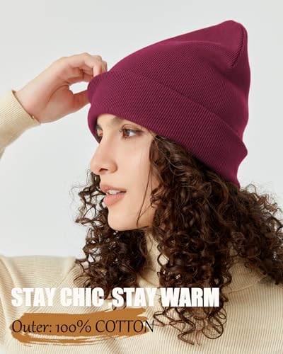 Satin Lined Knit Beanie Hat-100% Cotton Winter Hats for Women Men - color: 1-wine Red