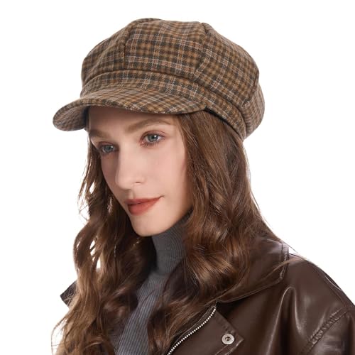 ZLYC Women Classic Newsboy Cap Visor 8 Panel Gatsby Cabbie Paperboy Hat - color: Tartan Brown