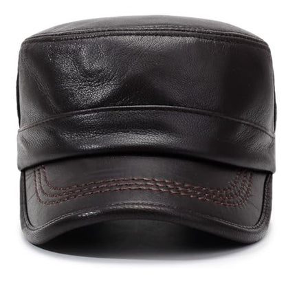 Men's Genuine Leather Cadet Army Caps Military Style Hat Flat Top Cap - color: Brown
