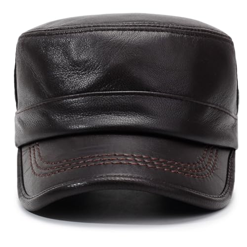 Men's Genuine Leather Cadet Army Caps Military Style Hat Flat Top Cap - color: Brown