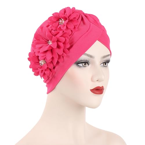 Flower Pre-Tied Turban Beanie, Soft Chemo Cap for Women Cancer Hair Loss - color: Rose Red
