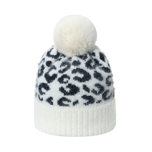 Unisex Adult Fuzzy Leopard Print Hat Cuffed Knitted Winter Warm Beanie with Faux Fur Pompom - color: White