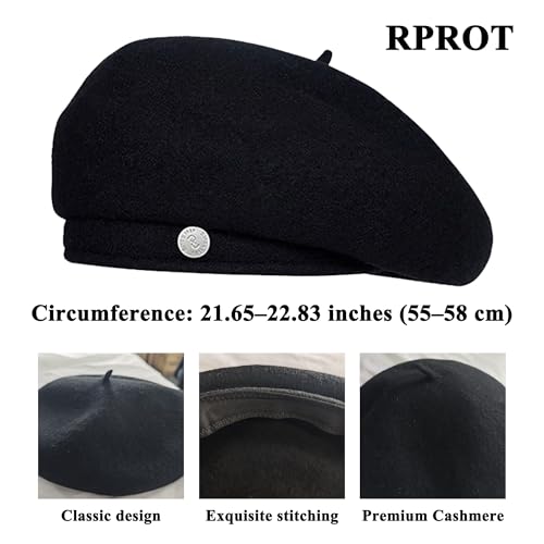 Sophisticated French Chic Women's Wool Blend Beret with Metal Detail - Artist Hat for Style & Creative 21.7-22.8 in