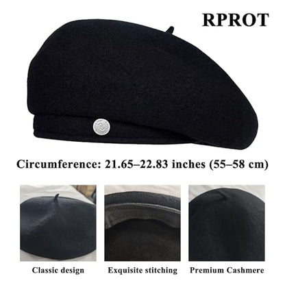 Sophisticated French Chic Women's Wool Blend Beret with Metal Detail - Artist Hat for Style & Creative 21.7-22.8 in