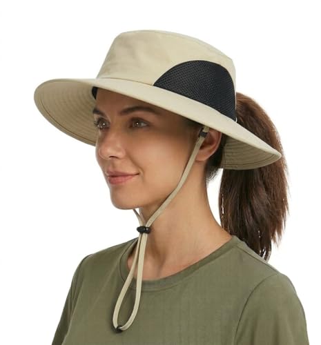 Tirrinia Sun Hats for Women, Wide Brim Hat with Ponytail Hole - color: #Olive-23.7'' Head