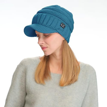 C.C Trendy Warm Oversized Chunky Soft Oversized Ribbed Slouchy Knit Hat with Visor Brim - color: Teal