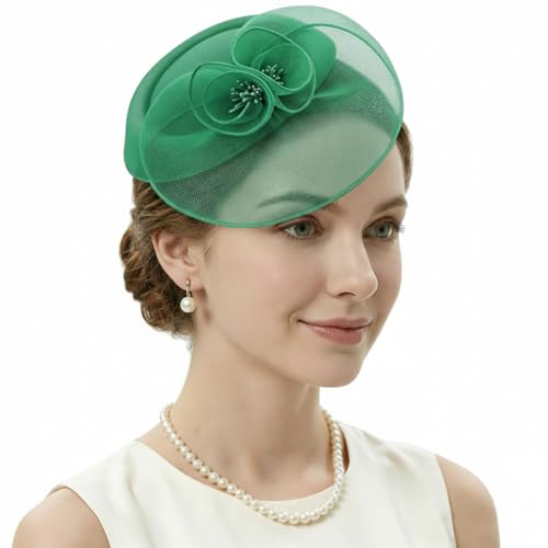 DRESHOW Fascinator Hats for Women Cocktail Tea Party Hat Netted Pillbox Hat Vintage Derby Hats for Bridal Wedding - color: Pillbox Hat: Green