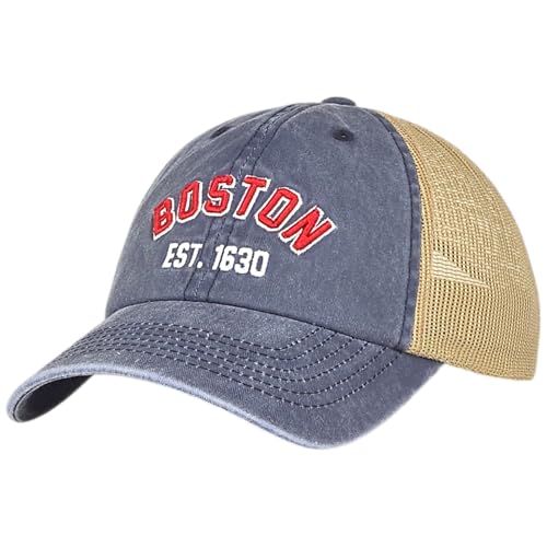 E BY ELIDAN Boston EST 1630 Dad Hat, Embroidered Cotton Baseball Cap - color: Vintage Navy - Khaki