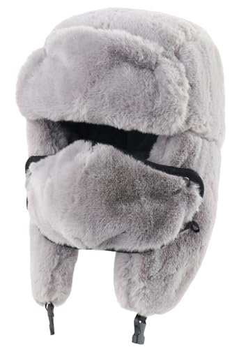 Ushanka Winter Trapper Hat Men Women Faux Rabbit Fur Russian Aviator Hat with Ear Flaps Face Mask Warm Cold Weather - color: Light-gray