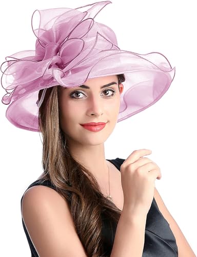 Women's Kentucky Derby Church Dress Hat Wide Brim Leaf Flower Bridal Shower Hat - color: S4-pink,purple